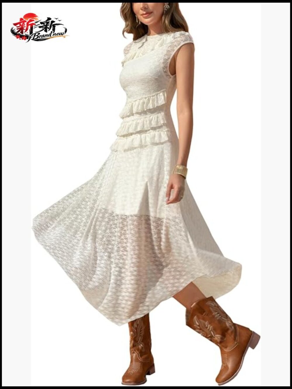Womens Lace Midi Dress Western Boho Ruffle Sleeveless Party